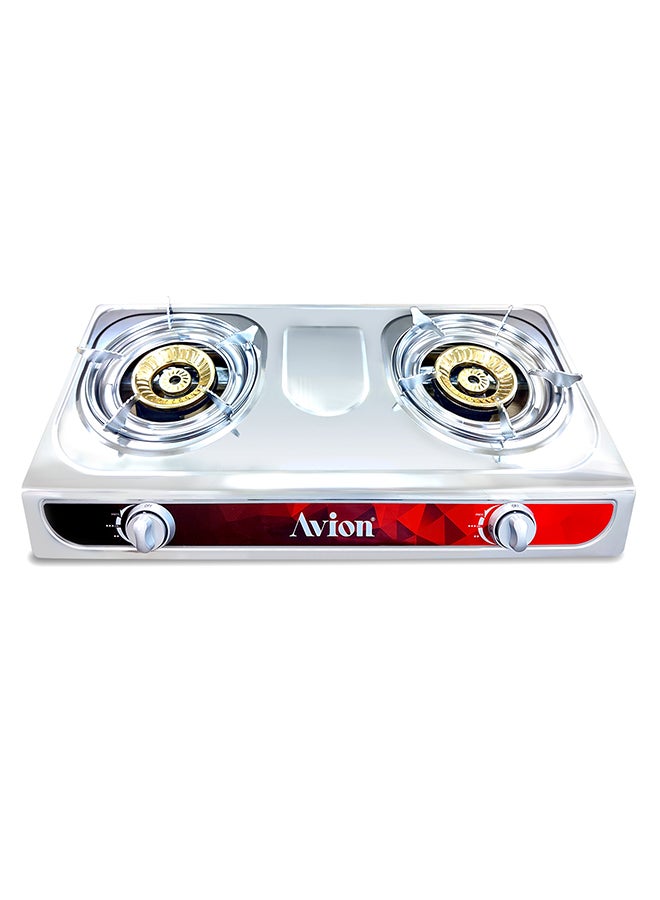 Avion Double Burner Gas Stove Durable Cast Iron Burner Auto Ignition -Energy Efficient Burners Stainless Steel Body Heat Resistant Electroplate Pan Support Low Gas Consumption AGS27EP  - Image 1