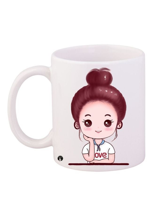 RYN Cartoon Girl Printed Coffee Mug White/Beige/Brown 11ounce