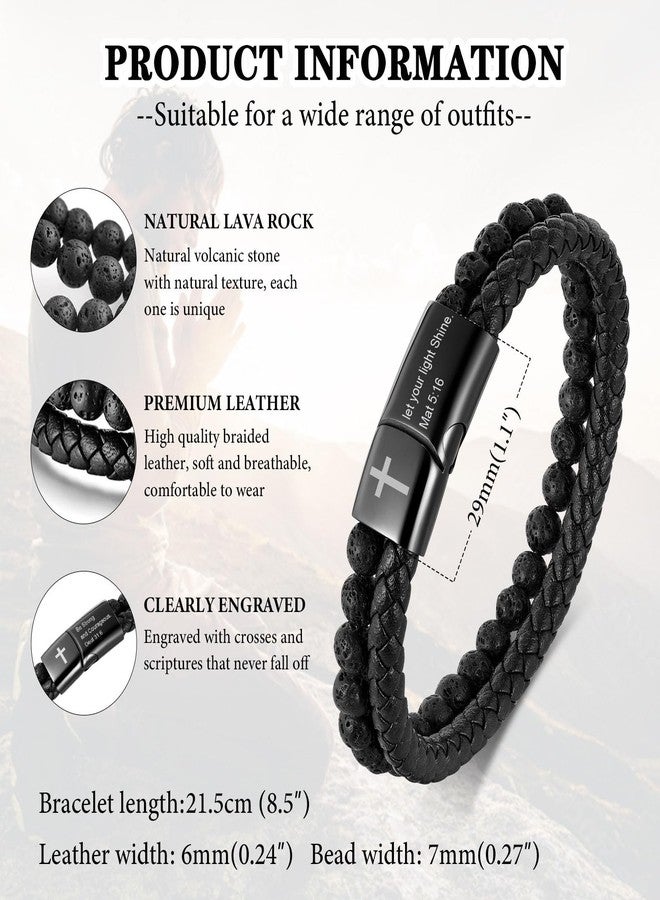 MEALGUET Men's Cross Bracelet for Men : Inspirational Bible Verse Bracelets Christian Catholic Religious Jewelry Christmas Gifts Ideas for Man, Healing Lava Rock Bead Cross Bracelet Leather Wristband - Image 4