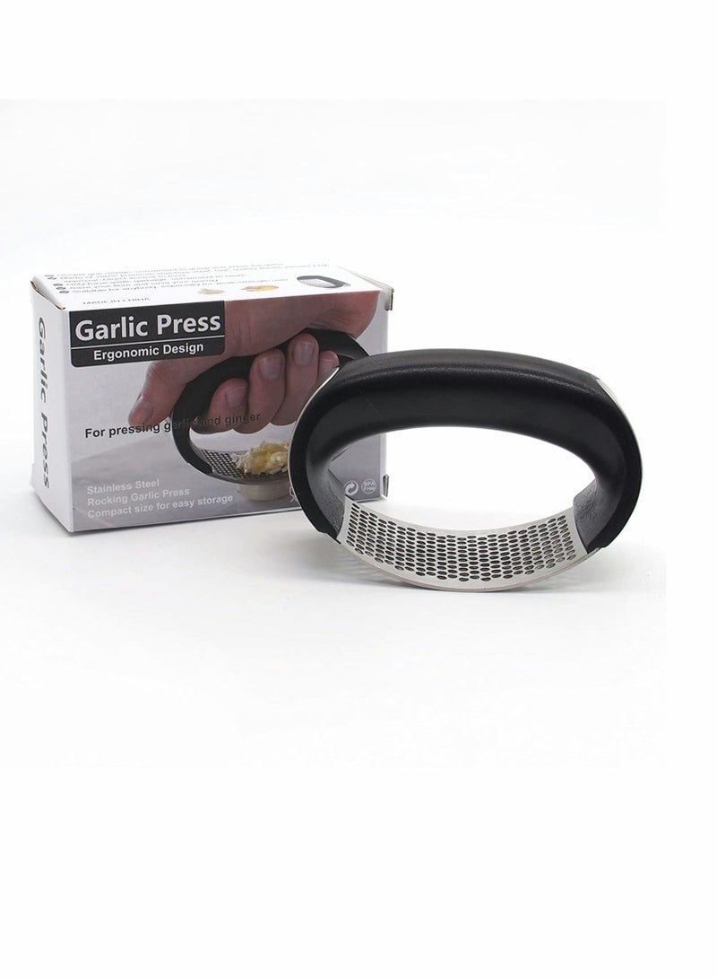 Y&D Stainless Steel Garlic Press Rocker Set - Premium Mincer With Silicone Peeler & Scraper Arc Shape Design Crusher Comfortable Grip (Black)  - Image 2
