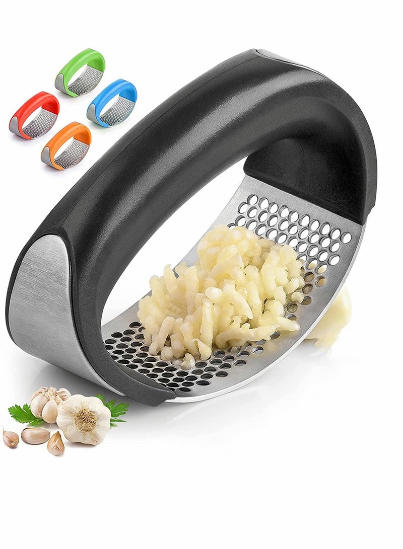 Y&D Stainless Steel Garlic Press Rocker Set - Premium Mincer With Silicone Peeler & Scraper Arc Shape Design Crusher Comfortable Grip (Black)  - Image 1