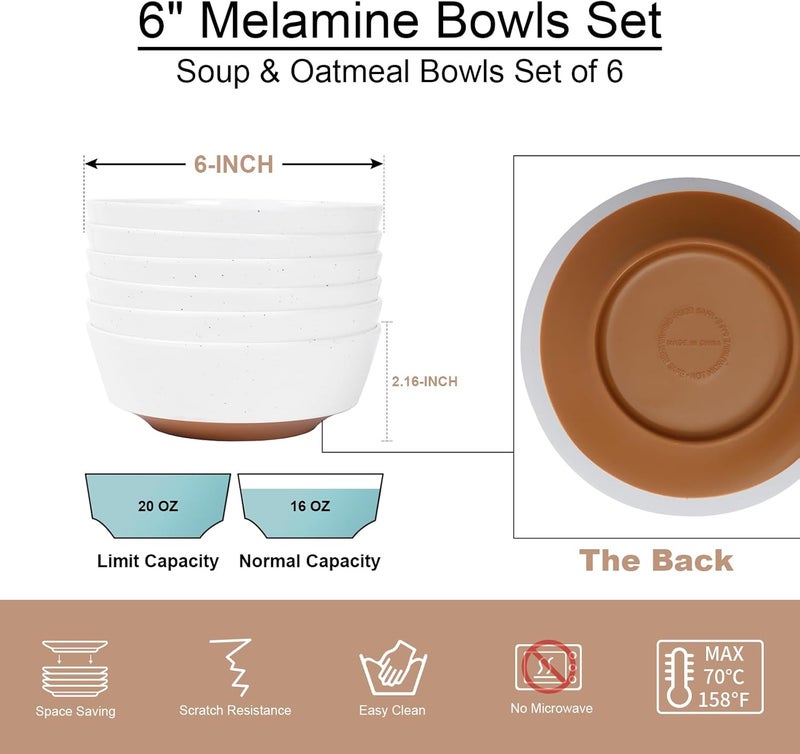 Webbylee 6inch Melamine Bowls set of 620ounce Dinnerware Cereal Bowls for Soup Salad  Dessert  Dishwasher Safe  Space Saving WhiteBrown - Image 2