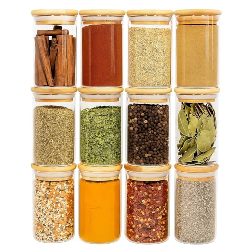 Encheng glass jars with Round wooden lid glass jar 270 ml set food storage containers Borosilicate glass jar for Sugar, and Other Dry food storage set of 12(12, Round BAMBOO LID GLASS JAR 270ml -) - Image 1