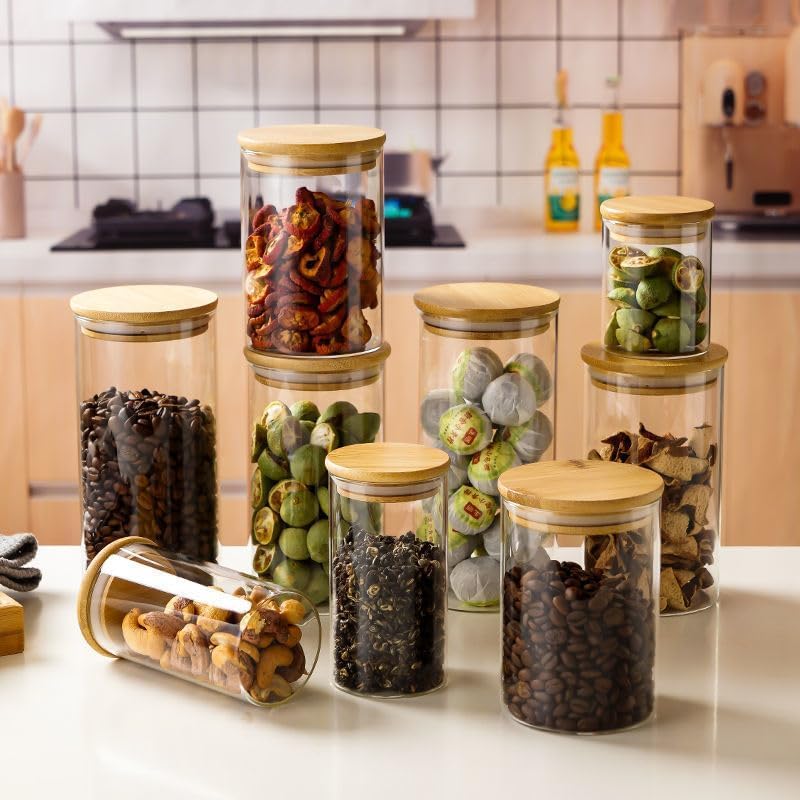 Encheng glass jars with Round wooden lid glass jar 270 ml set food storage containers Borosilicate glass jar for Sugar, and Other Dry food storage set of 12(12, Round BAMBOO LID GLASS JAR 270ml -) - Image 3