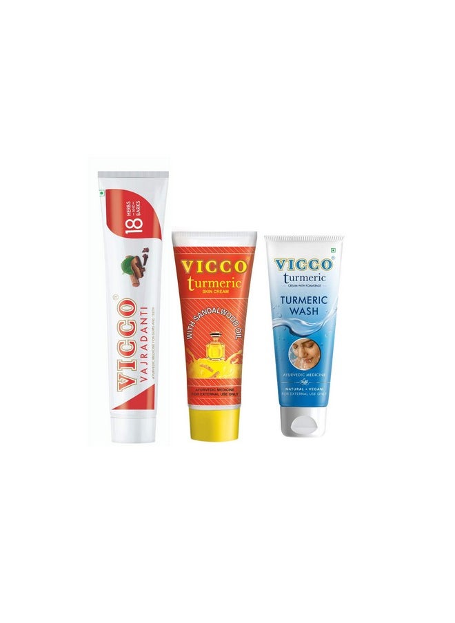 VICCO Vicco Mera Health Pack 1 Vicco Vajradanti Paste Regular Flavour (200G) + 1 Vicco Turmeric Cream (70G) + Vicco Turmeric Face Wash (70G)  - Image 1