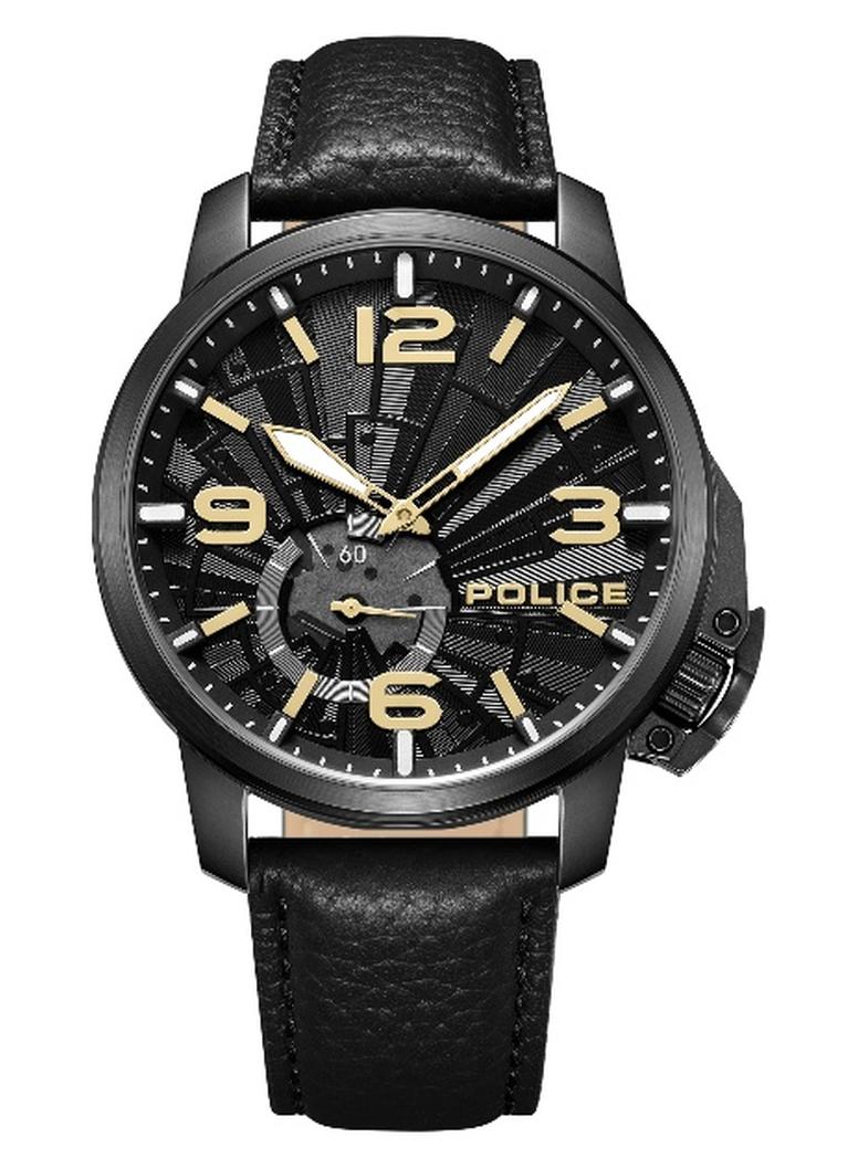 POLICE Men Nebula Men's Black Dial Black Genuine Leather Strap Analog Watch 44mm - Image 1