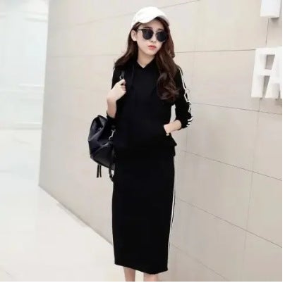 Korean Autumn New Casual suit Hooded Sweat Half Skirt plus size Loose Slimming Two-piece Womens Long Sleeve black