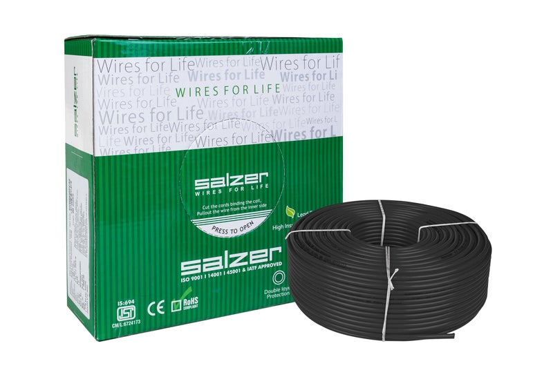 Salzer Flame Retardant Building Wire 4 Sq/mm – 99.997% ETP Pure Copper, 1100 V PVC Insulation, ISI Certified – 90 M Coil (Black) - Image 1