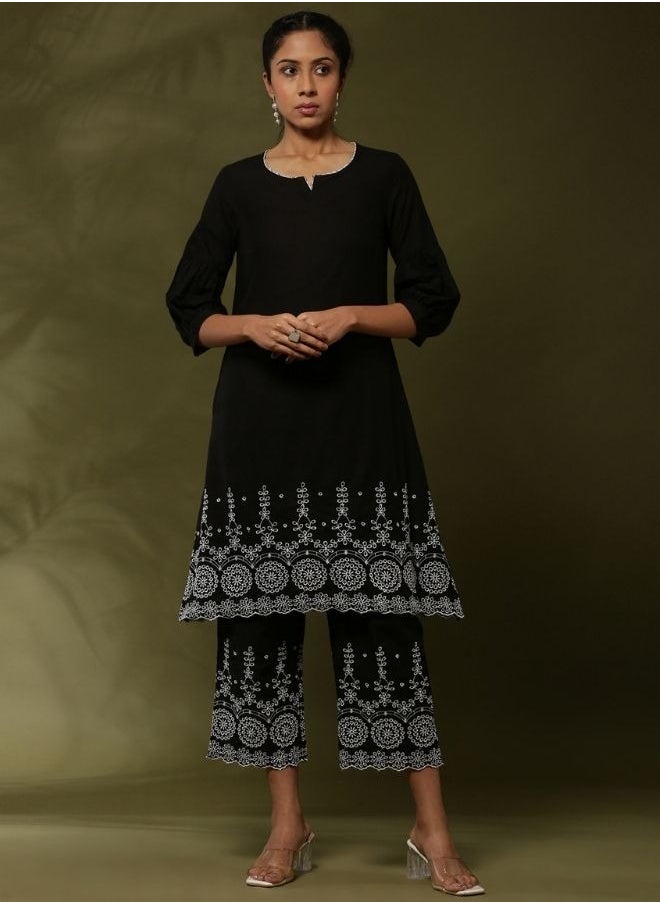 Abhishti Schiffli 2pc kurta set- black  - Image 1