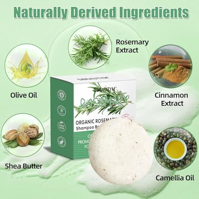 DBEAUTYM 2 PACK ROSEMARY HAIR SHAMPOO BAR,DEEP CLEANSING FOR SCALP HAIR LOSS SHAMPOO SOAP,ORGANIC HAIR OIL CONTROL,SOLID SHAMPOO FOR HAIR GROWTH, REFRESHING AND HYDRATING SOAP FOR MOTHERS DAY GIFTS - Image 3