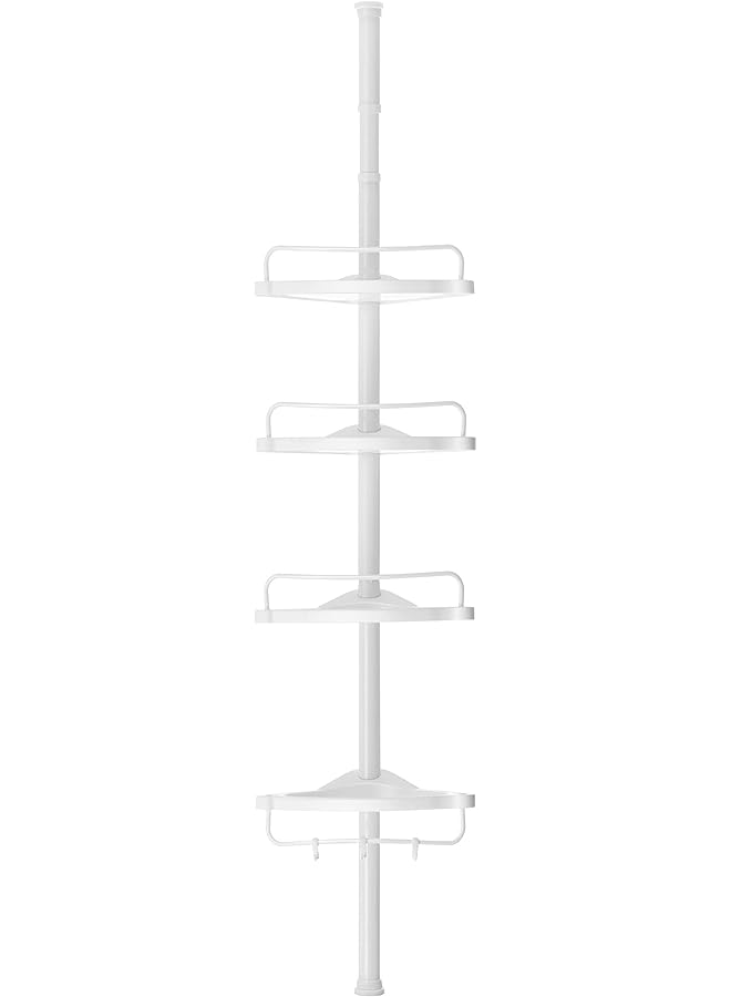Raxoom Adjustable Bathroom Corner Shelf, Telescopic Shower Caddy, 85-305 cm, Floor To Ceiling, With 4 Trays, 3 Hooks, White,Bcb001A - Image 1