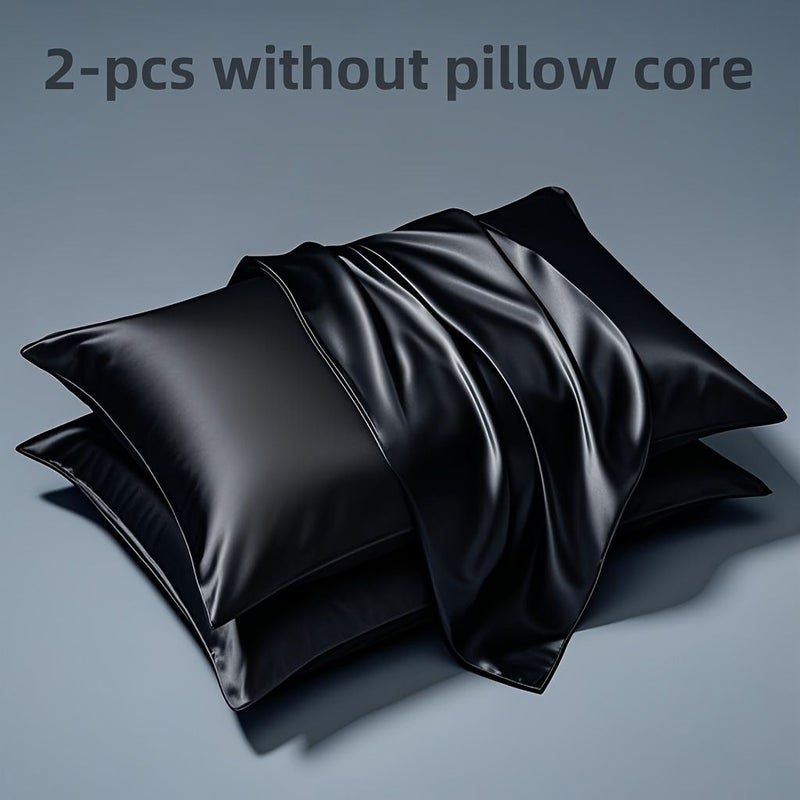 Black Cooling Satin Charmeuse Pillowcase Set 2 Pieces Soft Breathable Smooth Skin Hair Friendly Sleep Bedding 15.75 23.62 Inch - Image 3