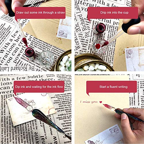 ESSSHOP Handmade Glass Dip Pen and Ink Set - 15ml Color Inks Pen Holder Cleaning Cup Ink Drip Tool Crystal Signature Dipped Pen Kit for Art Writing Calligraphy Christmas Day Gifts - Image 4
