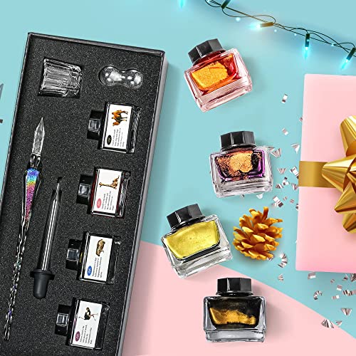ESSSHOP Handmade Glass Dip Pen and Ink Set - 15ml Color Inks Pen Holder Cleaning Cup Ink Drip Tool Crystal Signature Dipped Pen Kit for Art Writing Calligraphy Christmas Day Gifts - Image 5