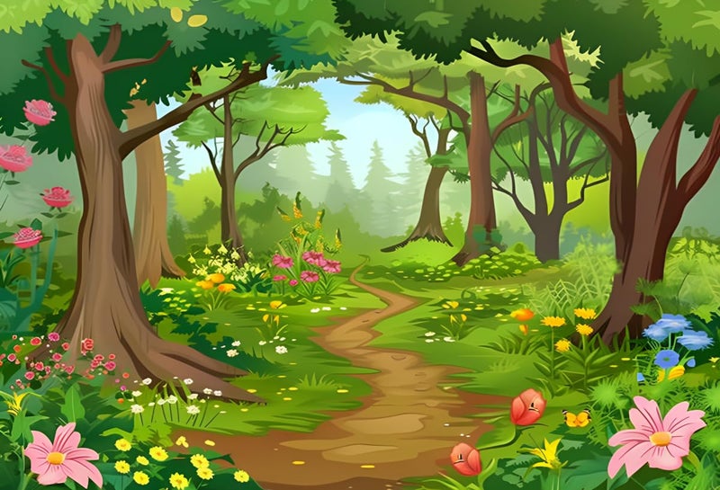 HMTFOTO 7X5 Fabric Cartoon Forest Backdrop Fairytale Green Forest Flowers Wonderland Photography Backdrop for Baby Shower Kids Birthday Party Decor Photo Studio Props - Image 2