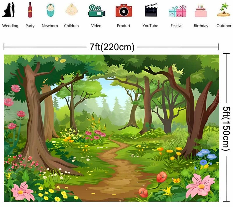 HMTFOTO 7X5 Fabric Cartoon Forest Backdrop Fairytale Green Forest Flowers Wonderland Photography Backdrop for Baby Shower Kids Birthday Party Decor Photo Studio Props - Image 3