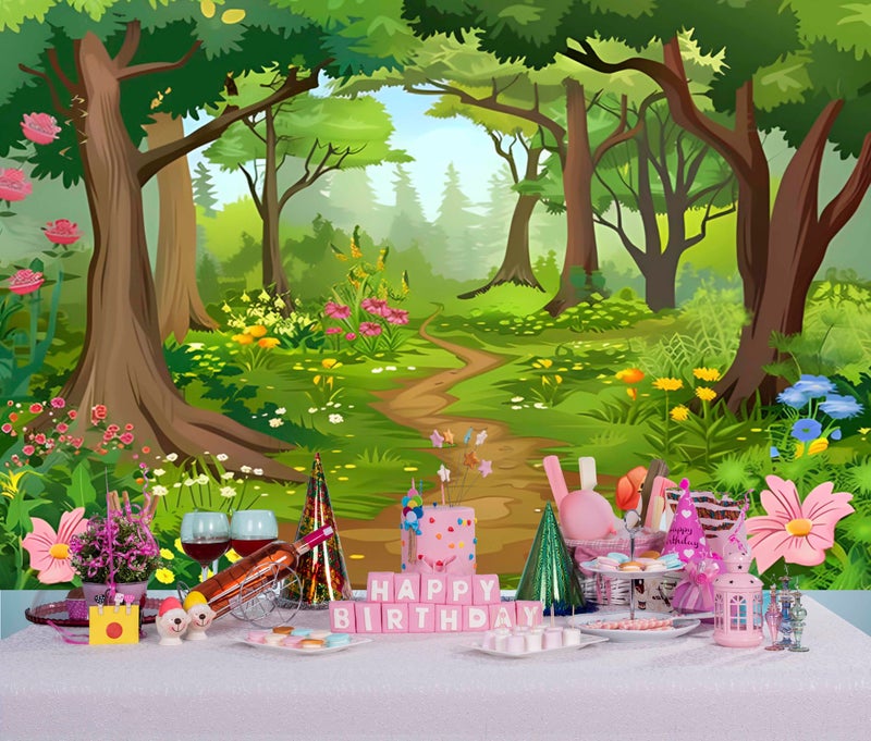 HMTFOTO 7X5 Fabric Cartoon Forest Backdrop Fairytale Green Forest Flowers Wonderland Photography Backdrop for Baby Shower Kids Birthday Party Decor Photo Studio Props - Image 4