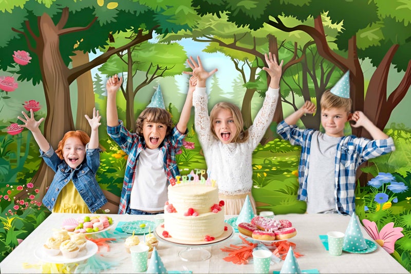 HMTFOTO 7X5 Fabric Cartoon Forest Backdrop Fairytale Green Forest Flowers Wonderland Photography Backdrop for Baby Shower Kids Birthday Party Decor Photo Studio Props - Image 5