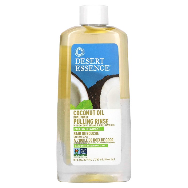 Desert Essence غسول فم مزدوج المرحلة بزيت جوز الهند من ديزرت إيسنس، نعناع، 8 أونصات سائلة - خالي من الكحول، خالي من السكر، خالي من الجلوتين، نباتي، غير معدل وراثيًا - زيت جوز الهند العضوي البكر، زيت السمسم، زيت عباد الشمس وزيت شجرة الشاي - Image 1