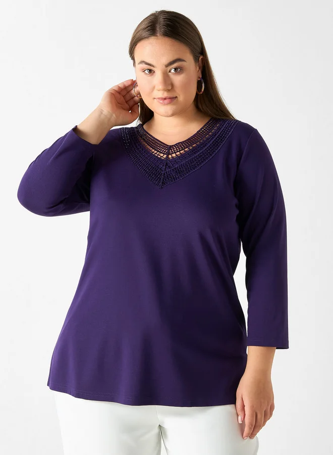 Ulla Popken Plus Size Ulla Popken Lace V-neck Top with Long Sleeves