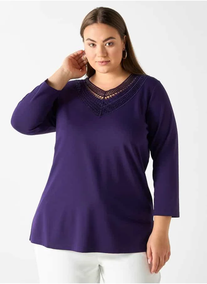 Ulla Popken Plus Size Ulla Popken Lace V-neck Top with Long Sleeves