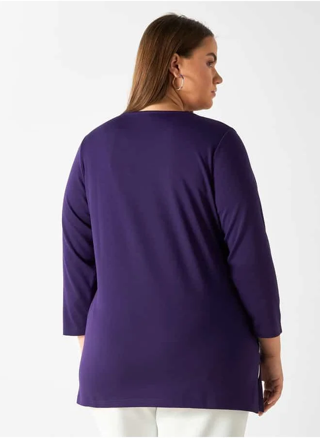 Ulla Popken Plus Size Ulla Popken Lace V-neck Top with Long Sleeves