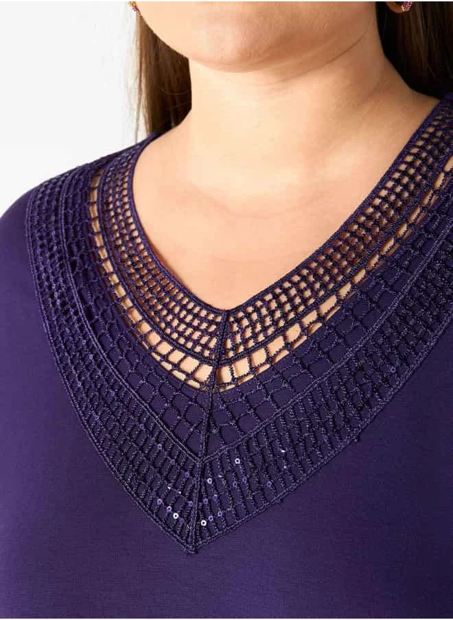 Ulla Popken Plus Size Ulla Popken Lace V-neck Top with Long Sleeves
