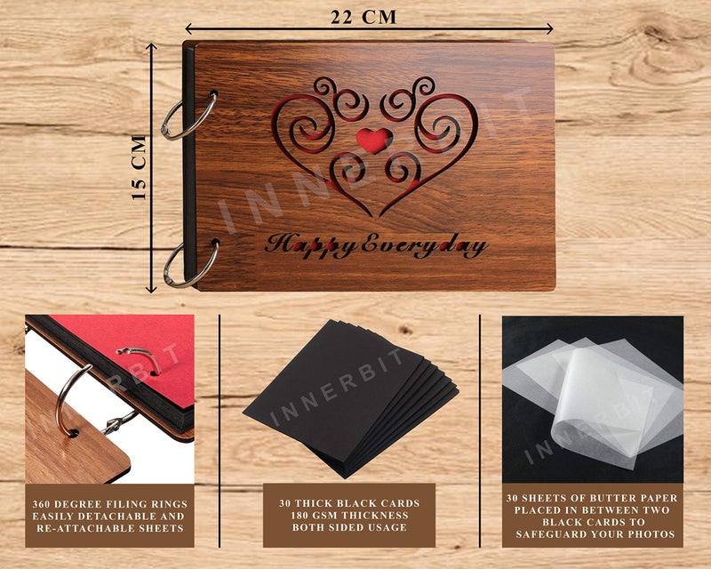 innerbit® 'Happy Everyday' Artistic Wooden Photo Album Scrap Book 30 Pages - Size (22 cm x 15 cm) Gift Item - Image 2