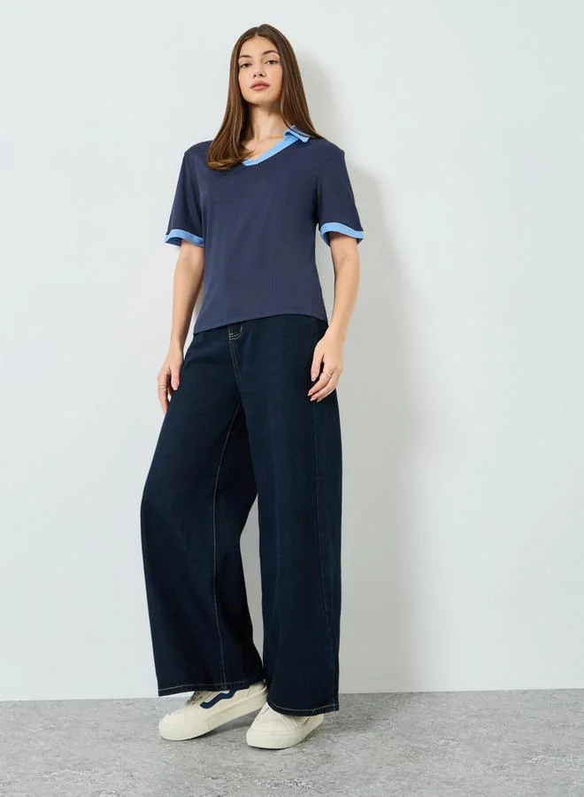 Styli Navy Blue Contrast Trim V-Neck Knit T-Shirt