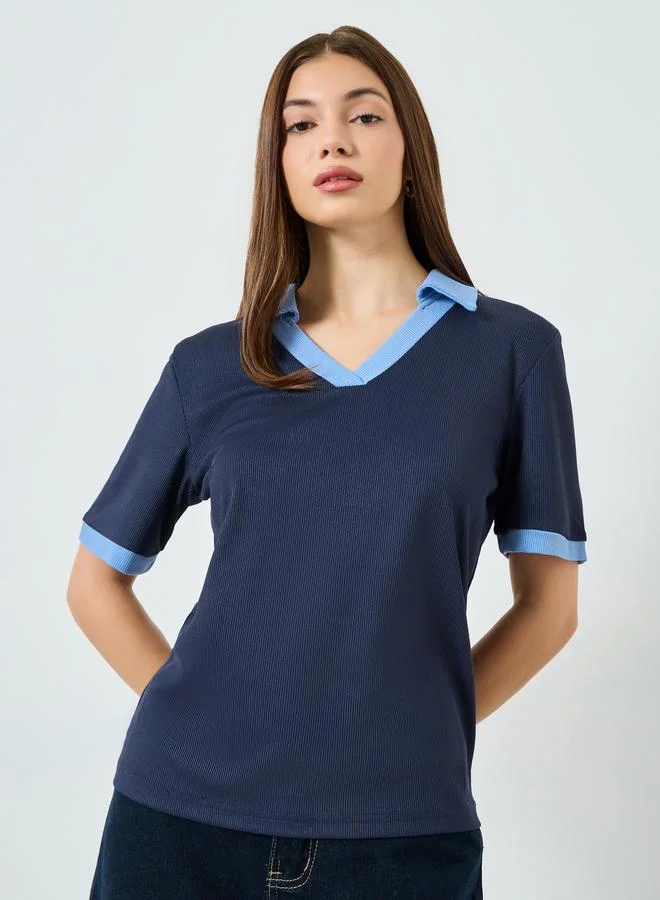Styli Navy Blue Contrast Trim V-Neck Knit T-Shirt
