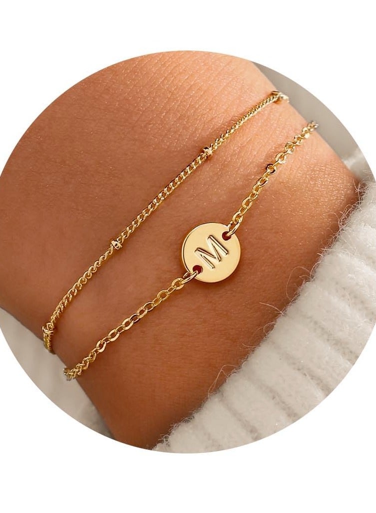 Gold Initial Bracelets for Women Girls - Dainty 16K Gold Plated Layered Beaded Letter Initial Bracelet Personalized Disc Monogram Bracelet Gold Bracelets for Women Teen Girl Gifts Trendy Stuff-M - Image 1
