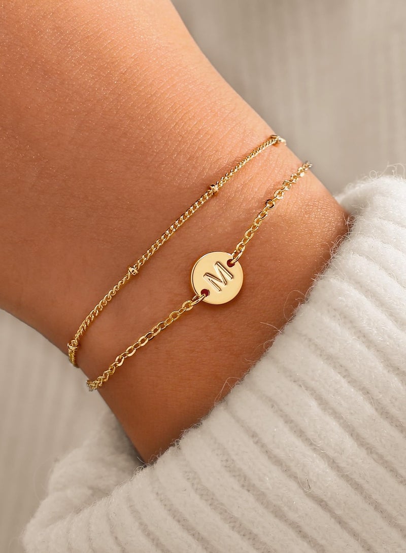 Gold Initial Bracelets for Women Girls - Dainty 16K Gold Plated Layered Beaded Letter Initial Bracelet Personalized Disc Monogram Bracelet Gold Bracelets for Women Teen Girl Gifts Trendy Stuff-M - Image 2