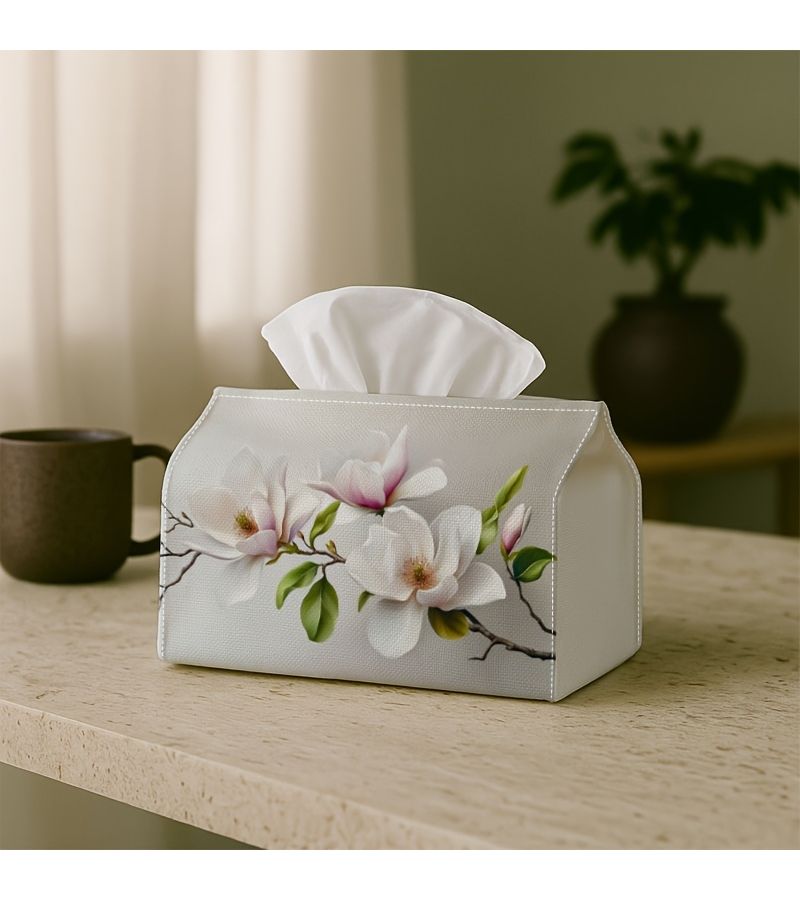 Multifunctional Tissue Box With Magnolia Flowers Design 18cm Durable Polyester Storage For Home Decor Living Room Bedroom Kitchen - Image 1
