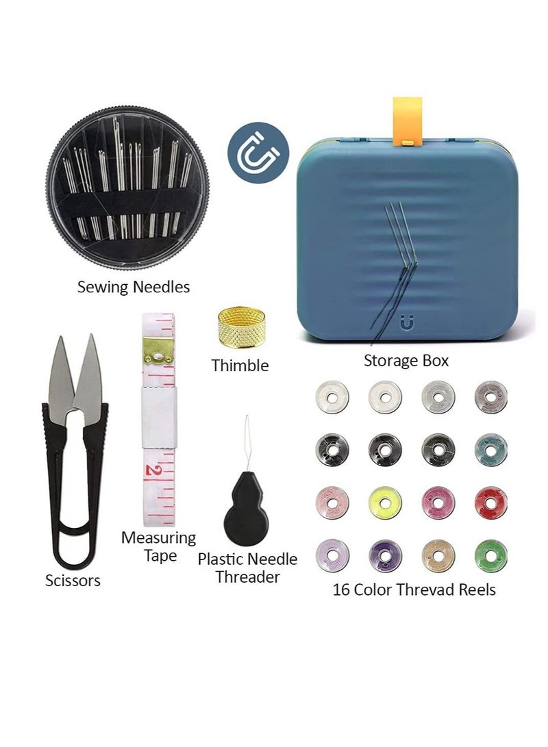 Sewing Kit, Travel Portable Supplies, for Home,  Emergency, Filled with Mending and Needles, Magnetite, Scissors, Thimble, Thread, Tape Measure etc 21pcs Blue - Image 2
