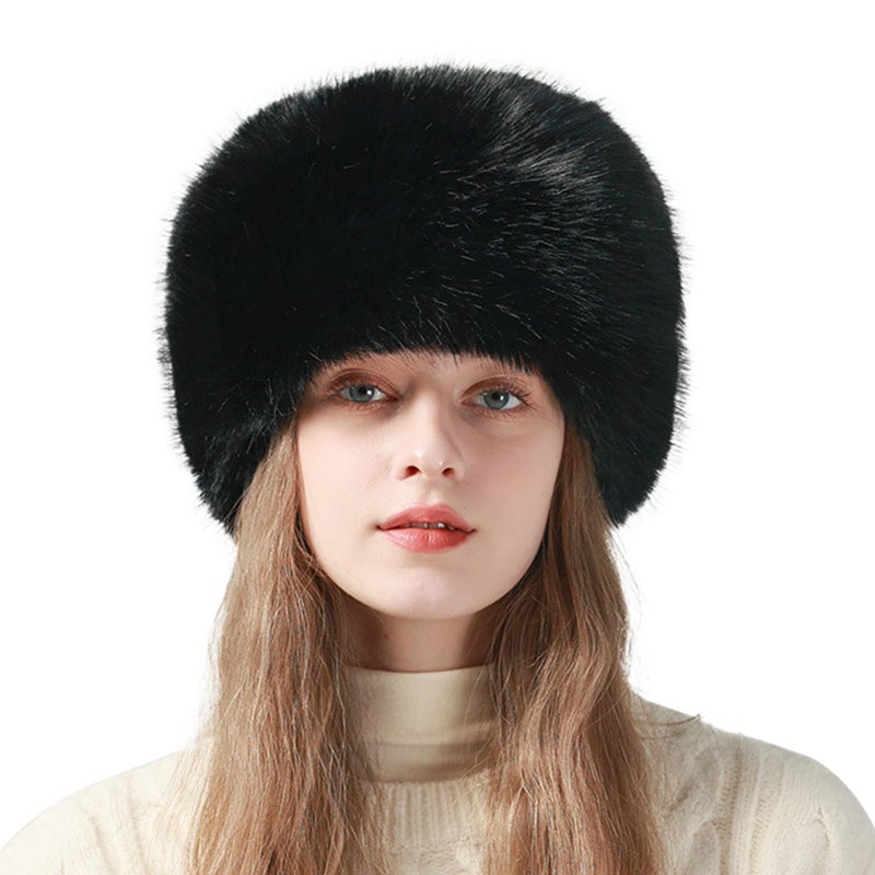 Peicees Winter Faux Fur Hat for Women Girls Cossack Russian Style Ladies Ushanka Fuzzy Furry Hat Warm Fluffy Bucket Hat Black - Image 1