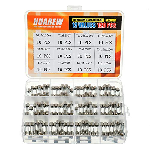 HUAREW 12 Values 120 Pcs 5x20 mm Slow Blow Glass Fuse 0.2 x0.78 Inch 250 V Volt T0.5 T1 T1.25 T1.6 T2 T2.5 T3 T3.15 T4 T5 T6.3 T10 A amp Assortment Kit - Image 1