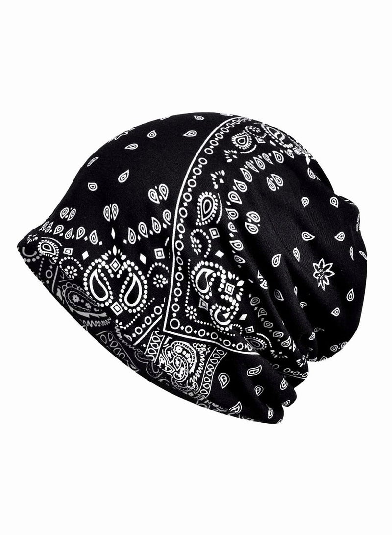 Turban Hat Spring Summer One Piece Double Layer Stretchy Cotton Cashew Hat Cool Hip Hop Turban Hat Women Men Loose Slouchy Beanie Cancer Snood Cap Black - Image 1