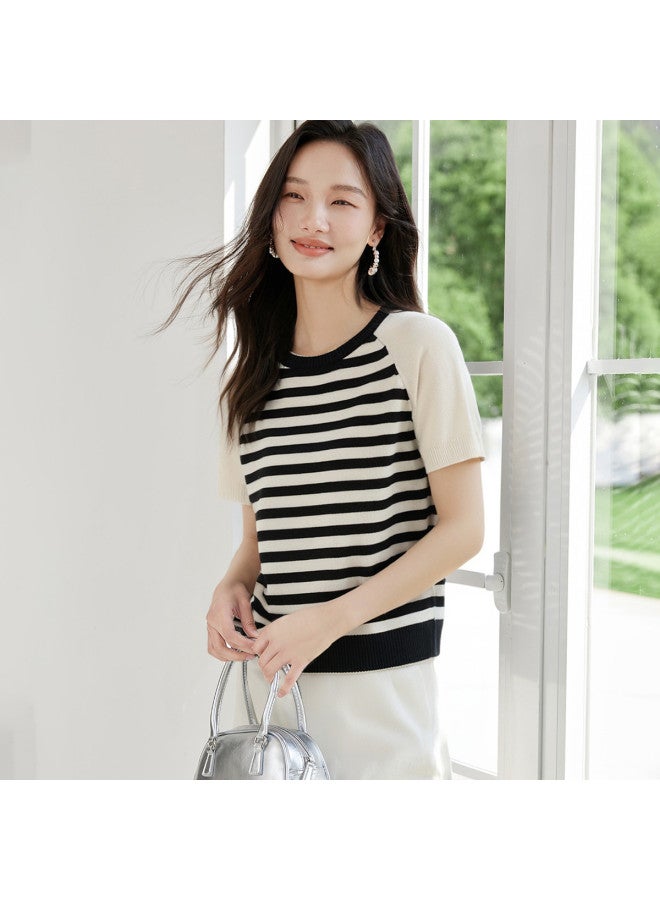 Hstyle French Classic Contrast Color Round Neck Short Sleeve Knit Top For Women - 2025 Summer Fashion Comfortable Slimming Blouse - Image 5