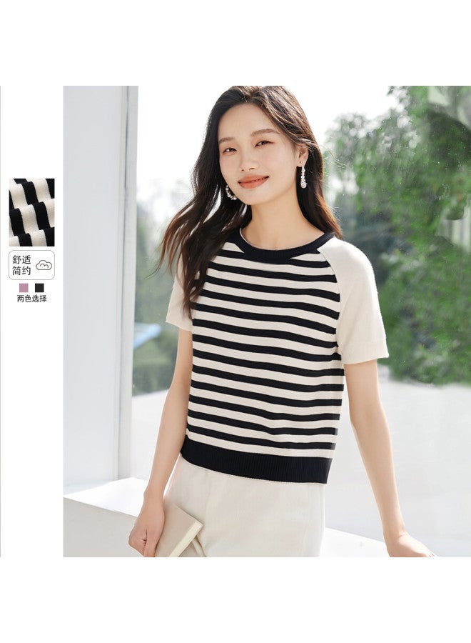 Hstyle French Classic Contrast Color Round Neck Short Sleeve Knit Top For Women - 2025 Summer Fashion Comfortable Slimming Blouse - Image 2