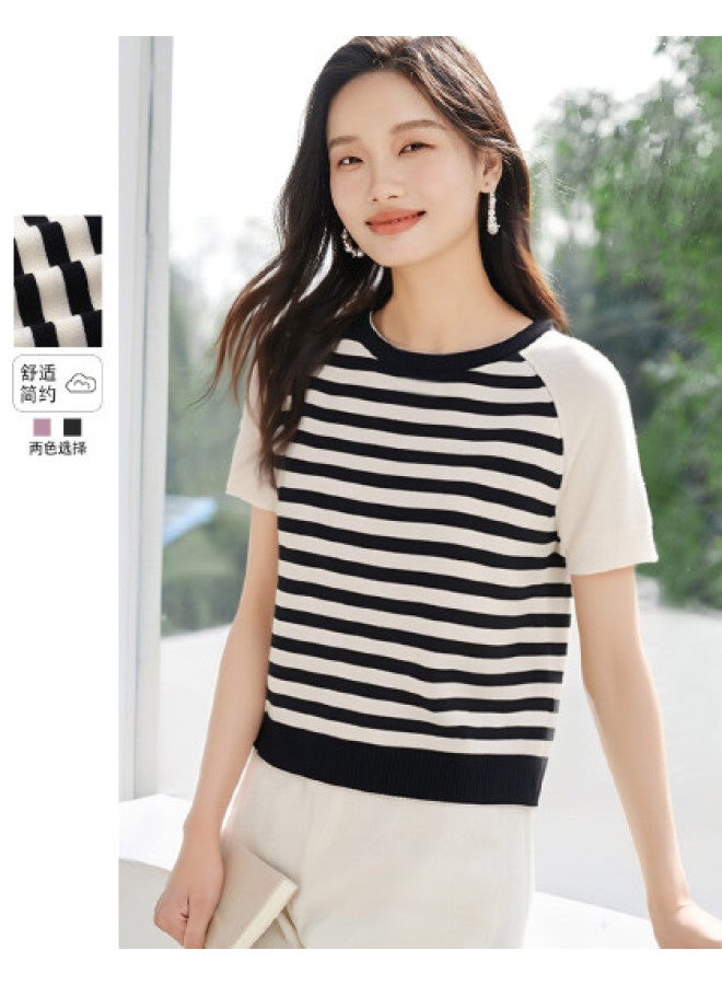 Hstyle French Classic Contrast Color Round Neck Short Sleeve Knit Top For Women - 2025 Summer Fashion Comfortable Slimming Blouse - Image 1