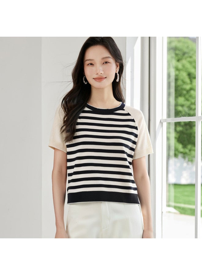 Hstyle French Classic Contrast Color Round Neck Short Sleeve Knit Top For Women - 2025 Summer Fashion Comfortable Slimming Blouse - Image 3