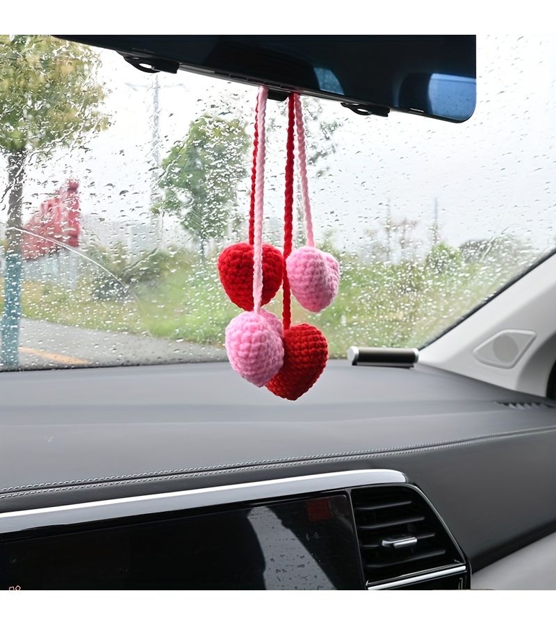 Red Handmade Wool Crochet Love Heart Pendant Car Mirror Hanger Unique Gift - Image 1
