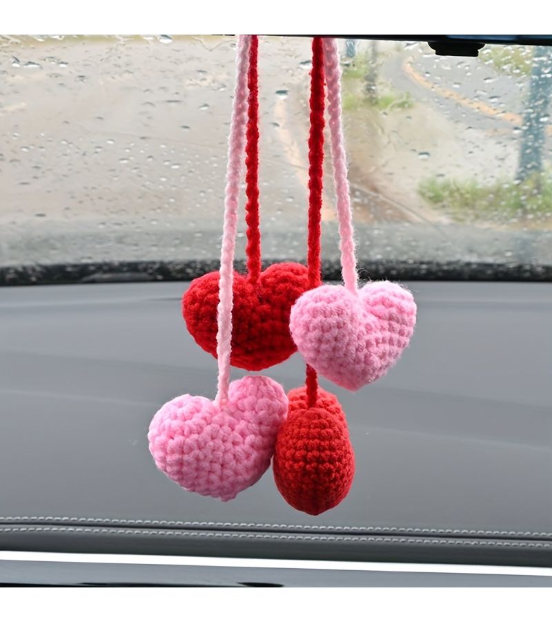 Red Handmade Wool Crochet Love Heart Pendant Car Mirror Hanger Unique Gift - Image 5