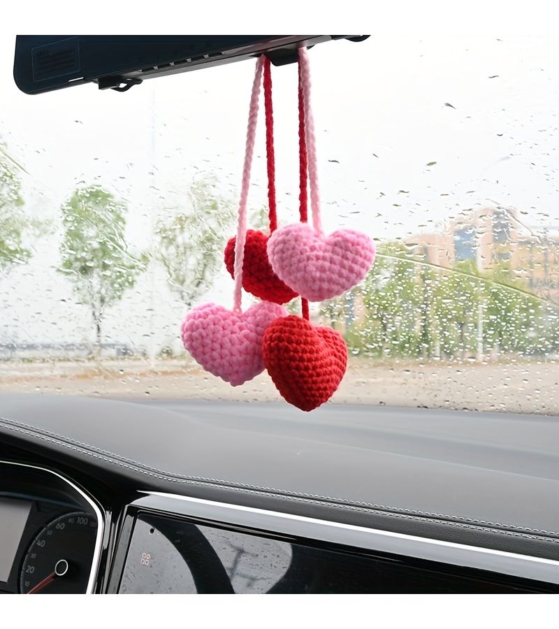 Red Handmade Wool Crochet Love Heart Pendant Car Mirror Hanger Unique Gift - Image 4