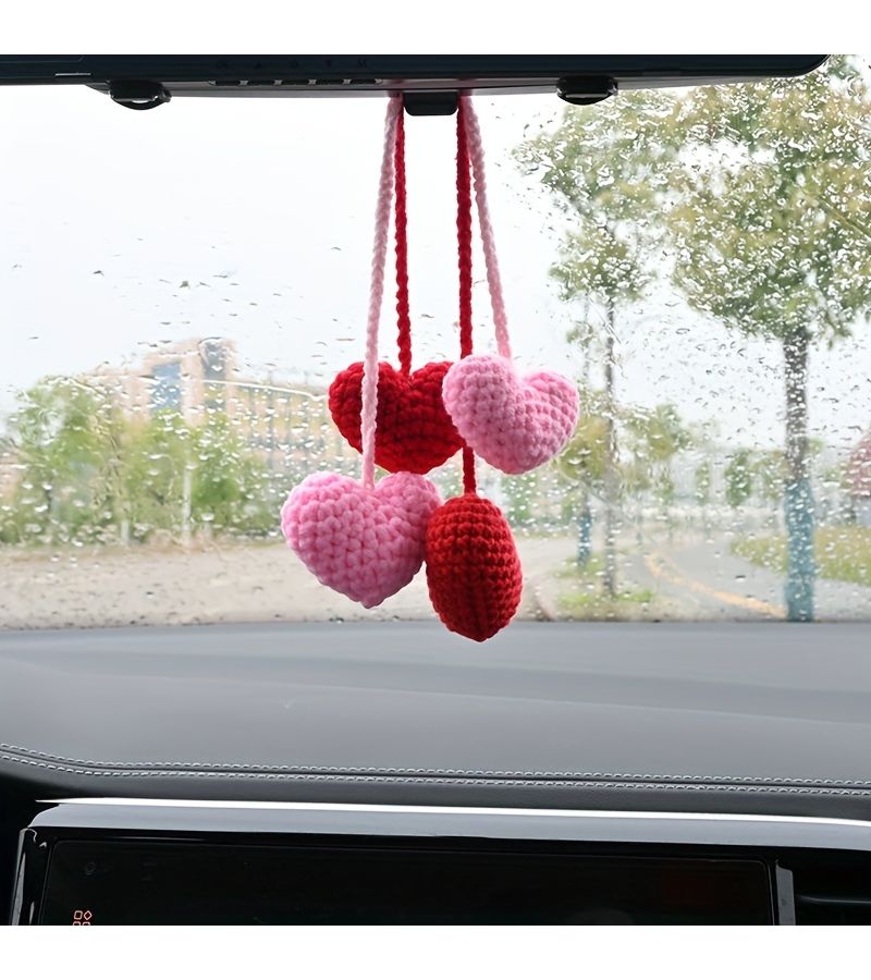 Red Handmade Wool Crochet Love Heart Pendant Car Mirror Hanger Unique Gift - Image 2