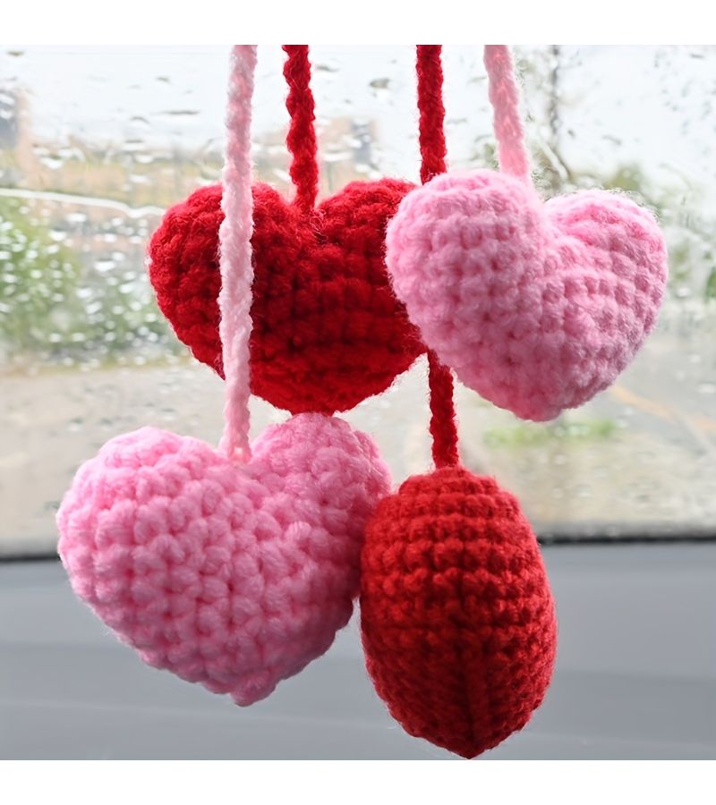 Red Handmade Wool Crochet Love Heart Pendant Car Mirror Hanger Unique Gift - Image 3