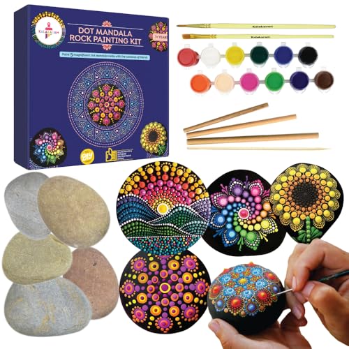 Kalakaram Dot Mandala Rock Painting Kit | DIY Art Kit with 5 Large Reusable River Rocks & 4 Dotting Tools | Traditional Indian Art Craft Kit | Creative Gift for Ages 11 to 16 | - Image 1