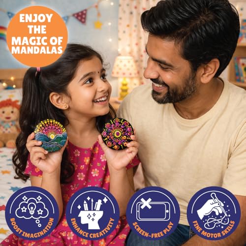 Kalakaram Dot Mandala Rock Painting Kit | DIY Art Kit with 5 Large Reusable River Rocks & 4 Dotting Tools | Traditional Indian Art Craft Kit | Creative Gift for Ages 11 to 16 | - Image 4