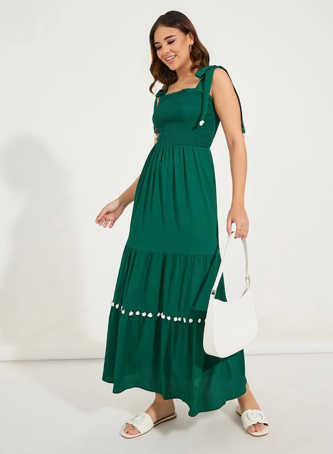 Styli Tiered Pom-Pom Dress