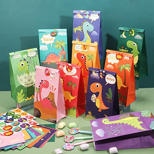Containlol 30 Pack Dinosaur Party Gift Bags Little Dinosaur Goodie Candy Treat Bag with Matching Stickers Halloween Party Favor Supplies for Kids Dino Themed Birthday Baby Shower(Classical) - Image 4